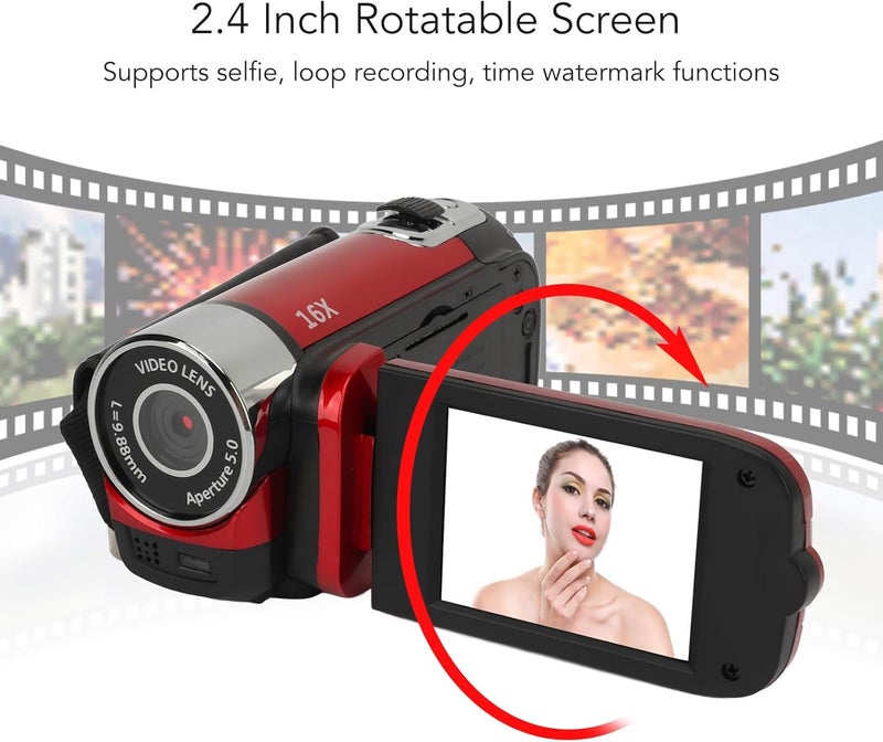 Bewinner D90 Digital Video Camera - 1080P 16MP Handheld Video Camcorder 16x Digital Zoom Video Camera with 2.7in TFT Rotatable Screen, HD Video Recorder Camera with Fill Light (Red) - Image 2